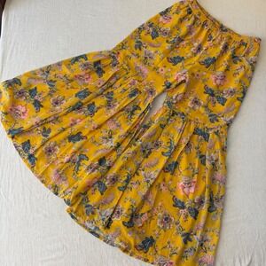Janasya Mustard Yellow Floral Sharara Pants Womens Large Wide Leg Tiered Boho